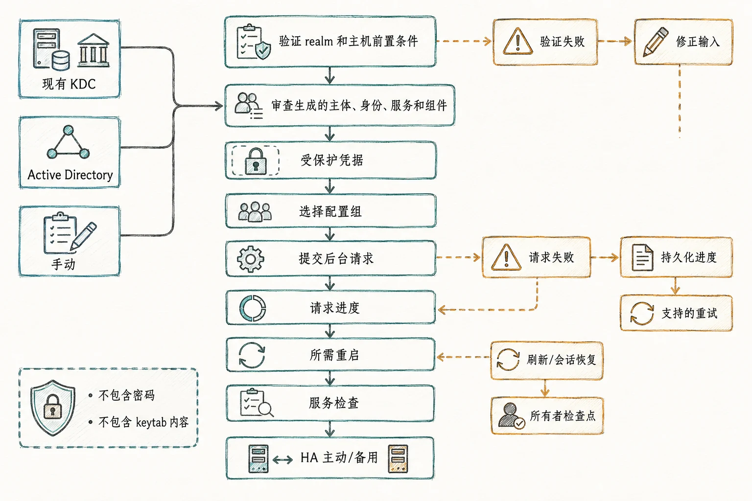 Kerberos 从 KDC 验证、受保护凭据、后台请求到重启、服务检查和失败恢复的启用流程